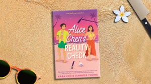 Image of Alice Chen's Reality Check book cover with Daniel and Alice standing on a beach with a tropical sunset behind them and a knife and poison bottle at their feet.